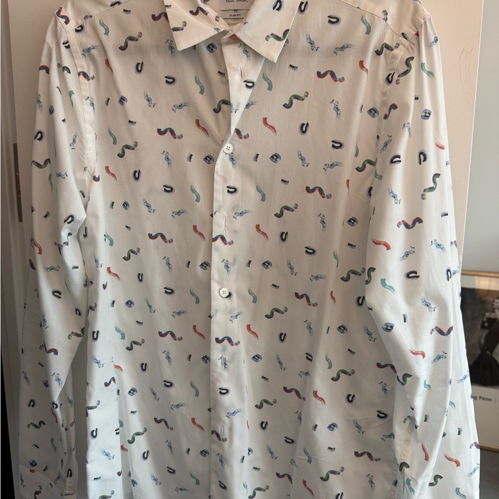 Paul Smith White Dress Shirt Multicolor Patterned Slim Fit Medium M Men’s